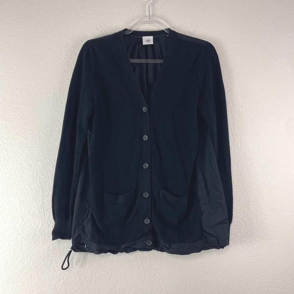 Cabi Windbreaker Cardigan Sweater Small Black Mixed Media Utility Drawstring